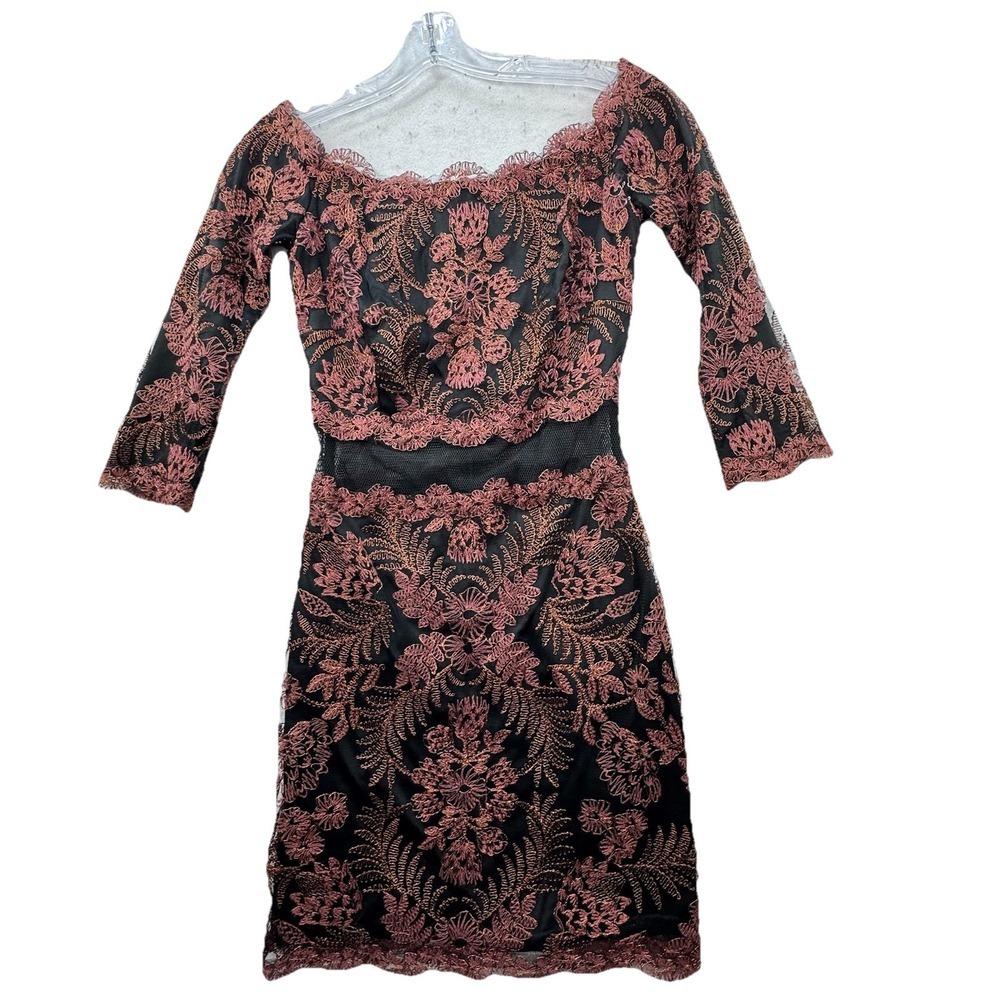 Tadashi Shoji Black Lace Designer Dress Size 0 Floral Embroidered Lined Event